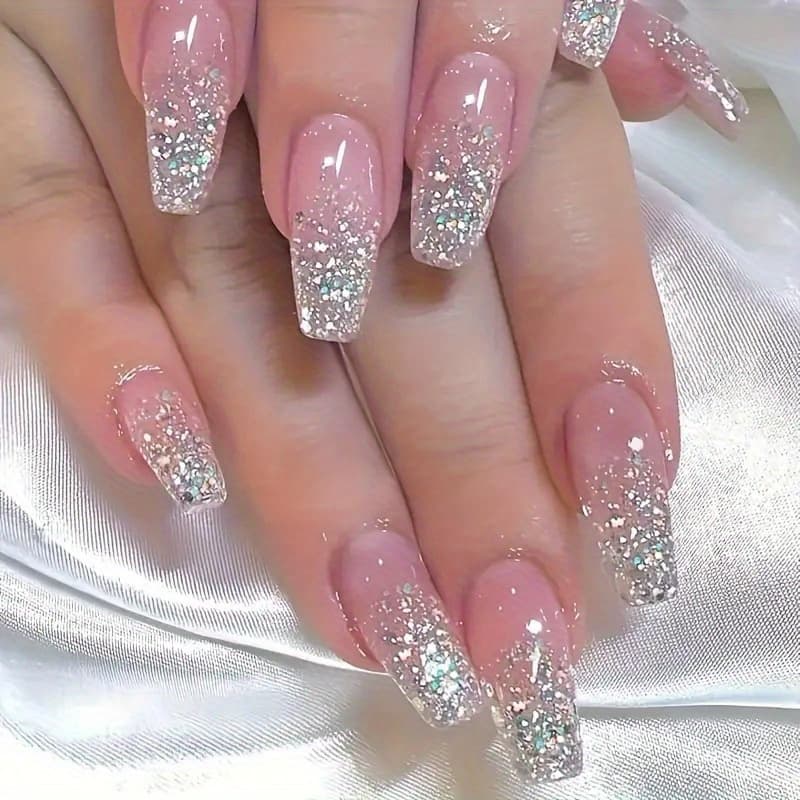 TEMU Fashionable Silvery Sparkling Pink Gradient Sweet And Nail Art, Detachable And Wearable Nails.