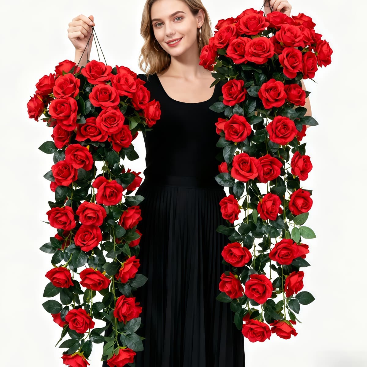 TEMU 2 Large Artificial Rose Vine Garlands, Red Roses Realistic Bouquets For Home Decoration, Suitable For Indoor & Outdoor Festival Decor And Holiday Ornaments, Decorative Curtains