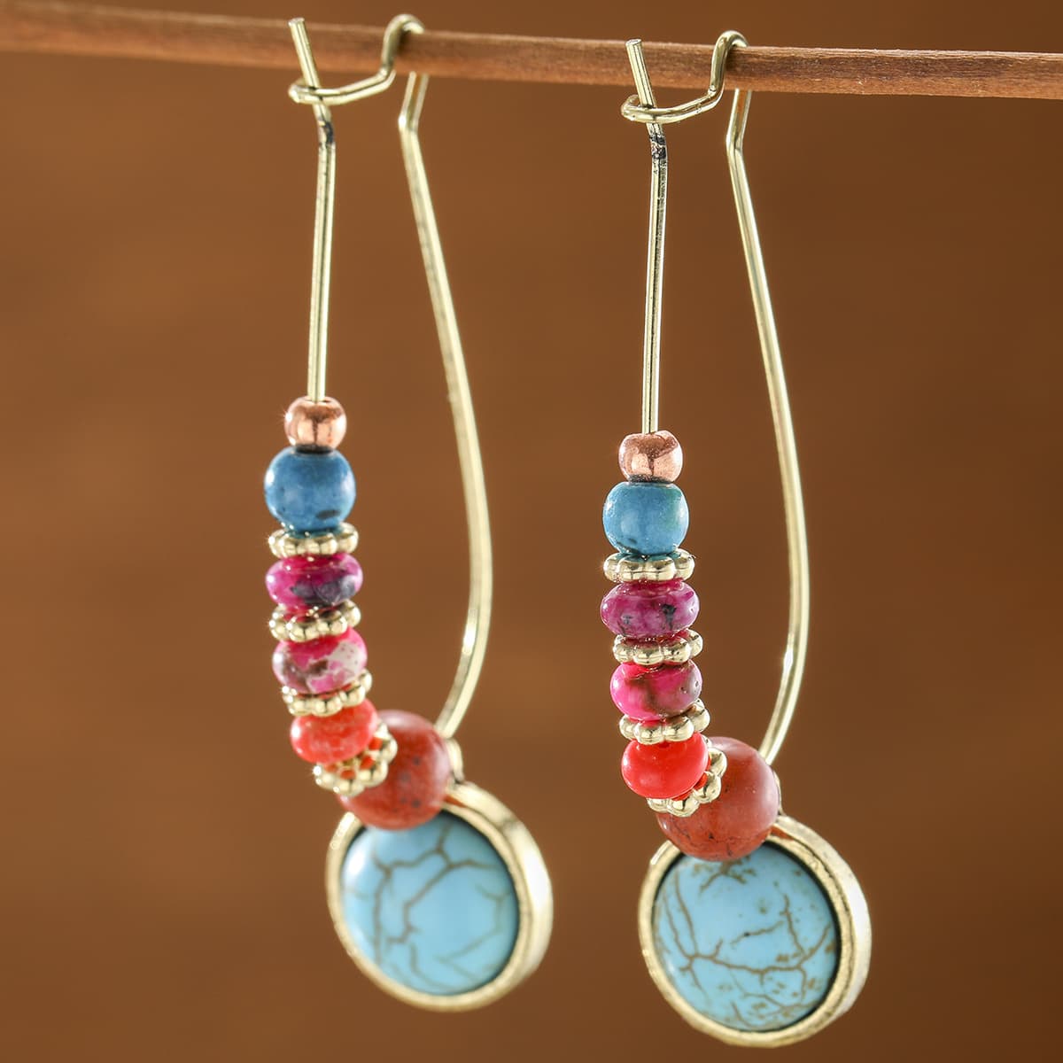 TEMU Retro Ethnic Style Multicolor Synthetic Bead Women's Pendant Earrings Synthetic Malachite Inlaid Easy Women's Jewelry Ear Jewelry Holiday Gift Commemorative Jewelry