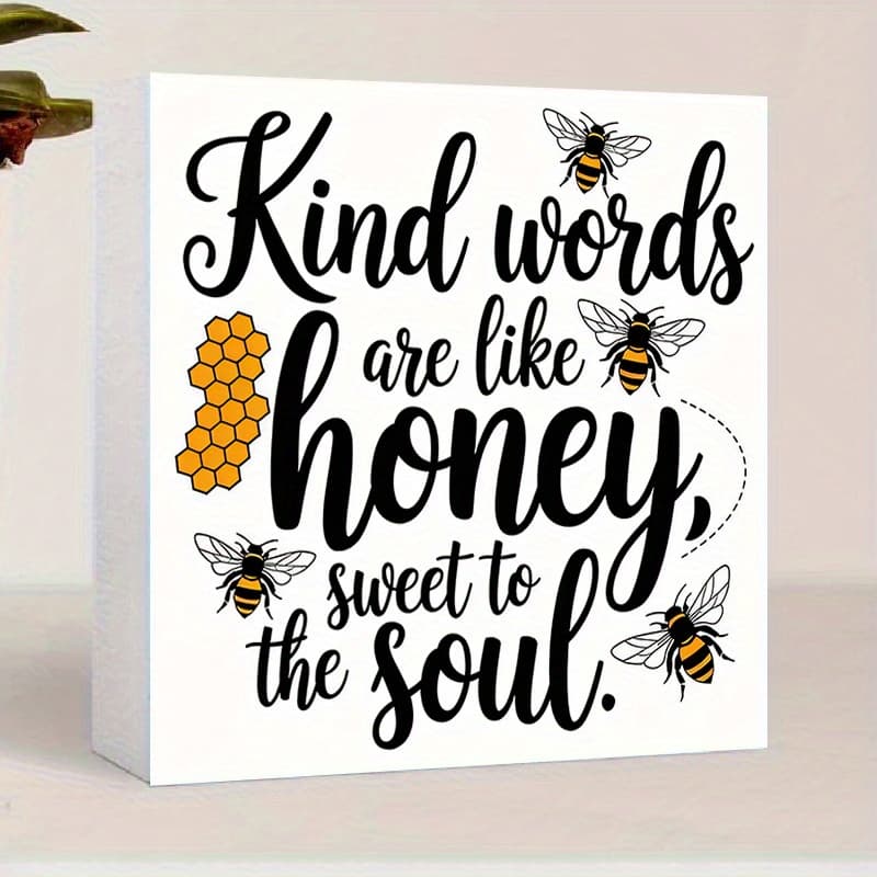 TEMU 1pc Bee Themed Square Pvc Desk Sign, "kind Words Are Like Honey" Bee & Honeycomb Decor, Inspirational Kindness Quote Home Ornament, Perfect Gift For Teachers, & , Decoration Plaque