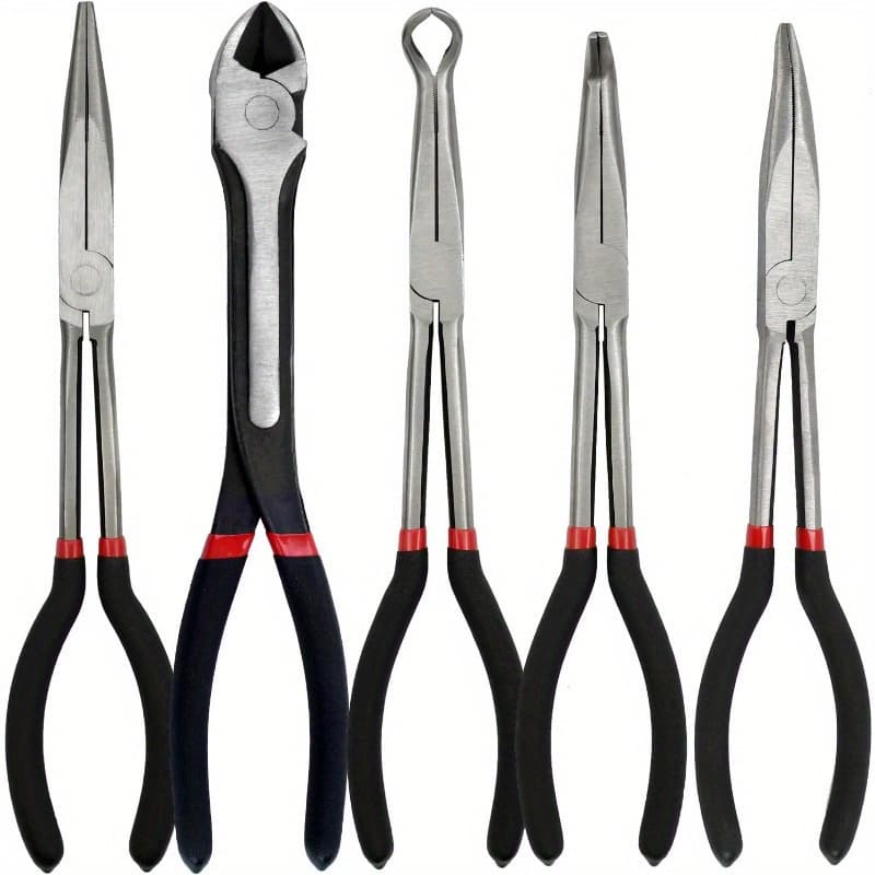 TEMU 5pcs 11" Extra Long Needle Nose Pliers Set With Insulated Grip, Straight Long Reach Pliers, 45/ 90°bent Nose Pliers, Diagonal Pliers For Bending Shaping Trimming In Narrow Spaces