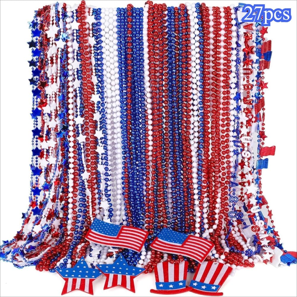 TEMU 27pcs July 4th Patriotic Bead Necklace Assortment Bulk, Beads Beaded Necklace With Pendant, Day Parade Bulk, Dress Up Accessory, Memorial Day Party Favor Supply