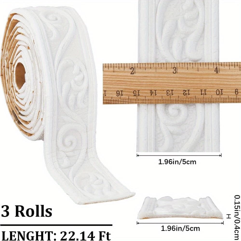 TEMU 3 Rolls 266 X 2in Crown Molding Peel And Stick Foam White Self Adhesive Flexible Trim 3d Sticky Vintage Decorative Wallpaper Border Wall Edging Foam Baseboard Mirror Border Wall Lines Hotel Decor
