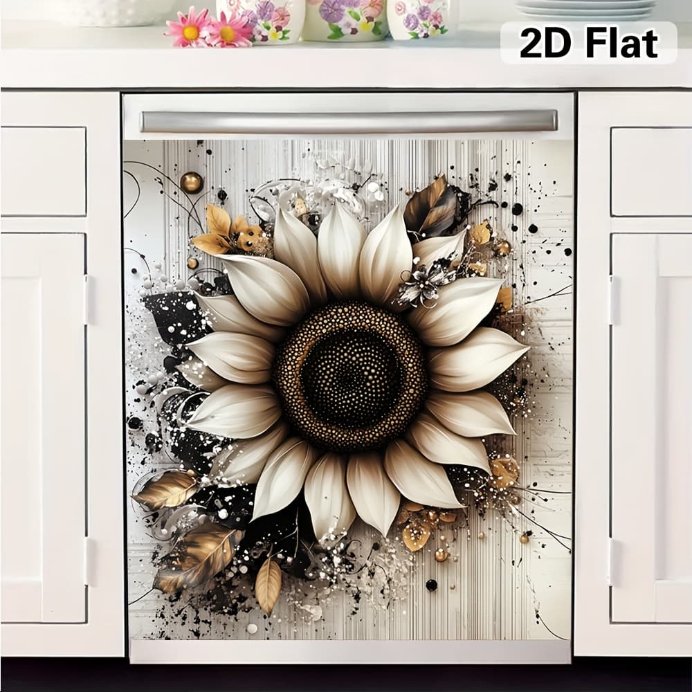 TEMU Rustic Sunflower Pvc Appliance Cover - White & Sunflower Door Panel Compatible For Dishwasher, Oven, Dryer - Installation, Fits Contemporary Stoves, Ovens, Dryers (no Tools/professional), 2d Flat