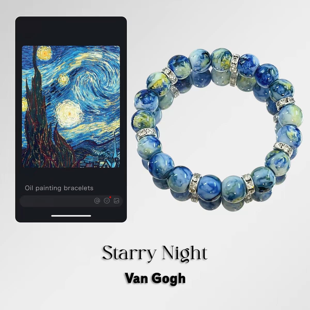 TEMU Vintage Oil Painting Series Natural Stone Beaded Bracelet, Featuring Van 's 'starry Night' Color Scheme, Elastic Cord Skin-friendly Jewelry, Suitable For Men And Women, Versatile And Stackable