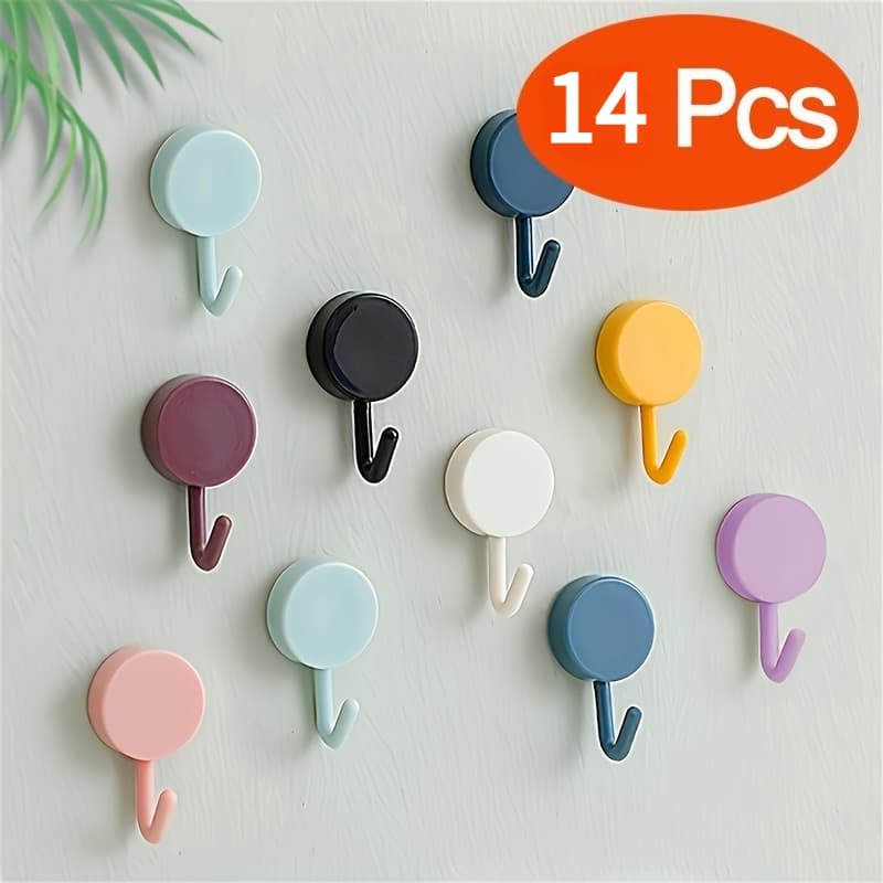 TEMU 14pcs Adhesive Wall Hooks Assorted Colors Sent At Random Self Adhesive Hangers For Bathroom Kitchen Home Towels Keys No Drilling Wall Hooks, Utility Hooks