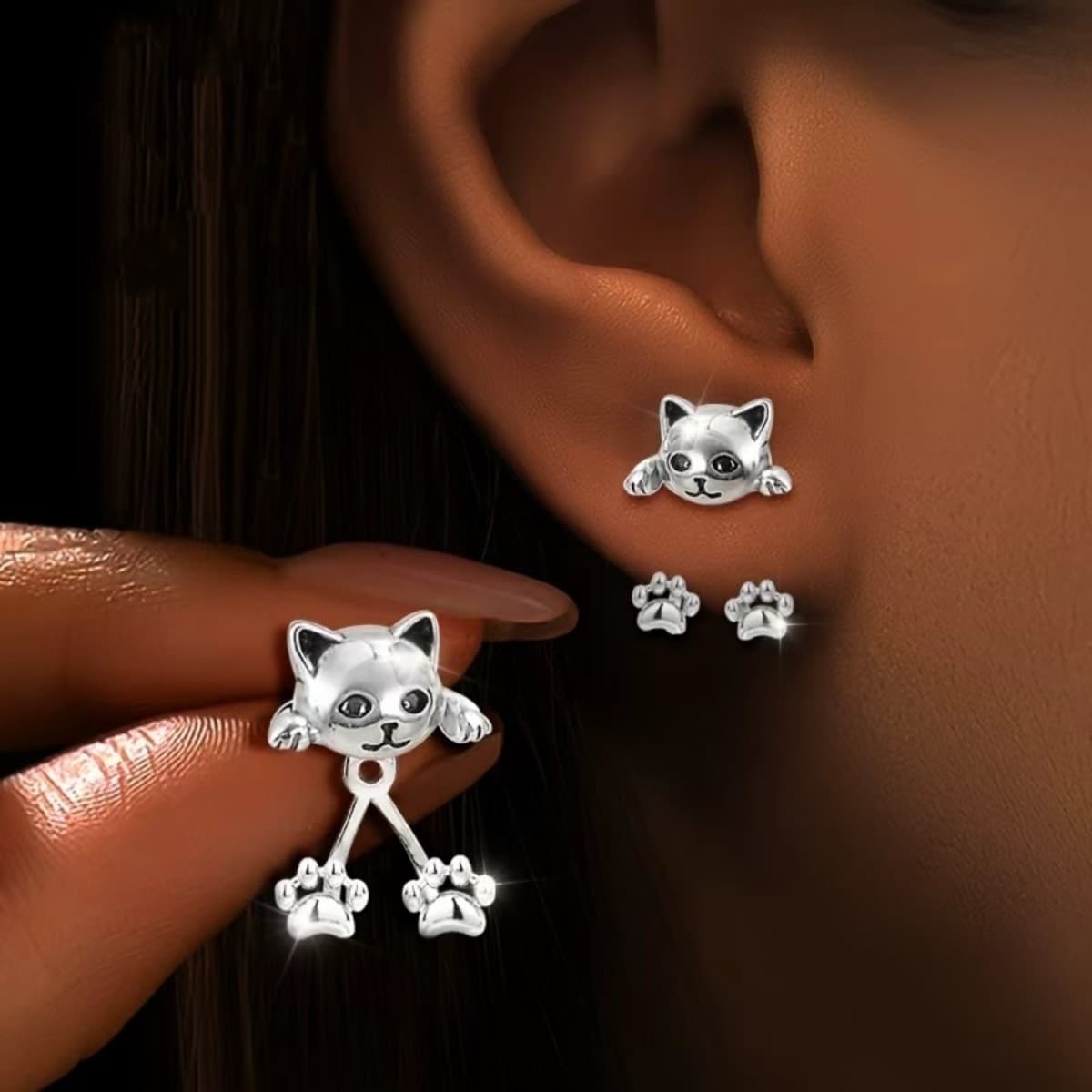 TEMU 1 Pair 925 Silver Plated Cat Paw Hanging Earrings For Women, With Fashion Unique , Exquisite And Sweet, Suitable For Daily Versatile, The For Birthdays, Christmas, New Year, Easter