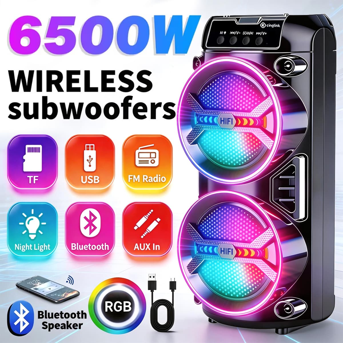 TEMU 6500w Portable Bluetooth Speaker With Rgb Lights, Powerful Sound System, Wireless Speaker For Home Party Outdoor Camping Karaoke, Usb , Long , Christmas Gift