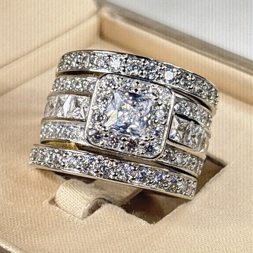 TEMU 925 Sterling Square Zirconia Ring, 3pcs Set, Halo Set, Women's Wedding Ring