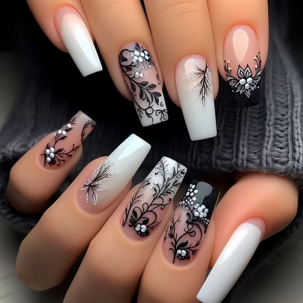 TEMU Cross-border Easy Wearable Nails Medium Length Ballet Nails Black Floral Branch Leaf Nail Stickers Nails Fake Nails Ta-99