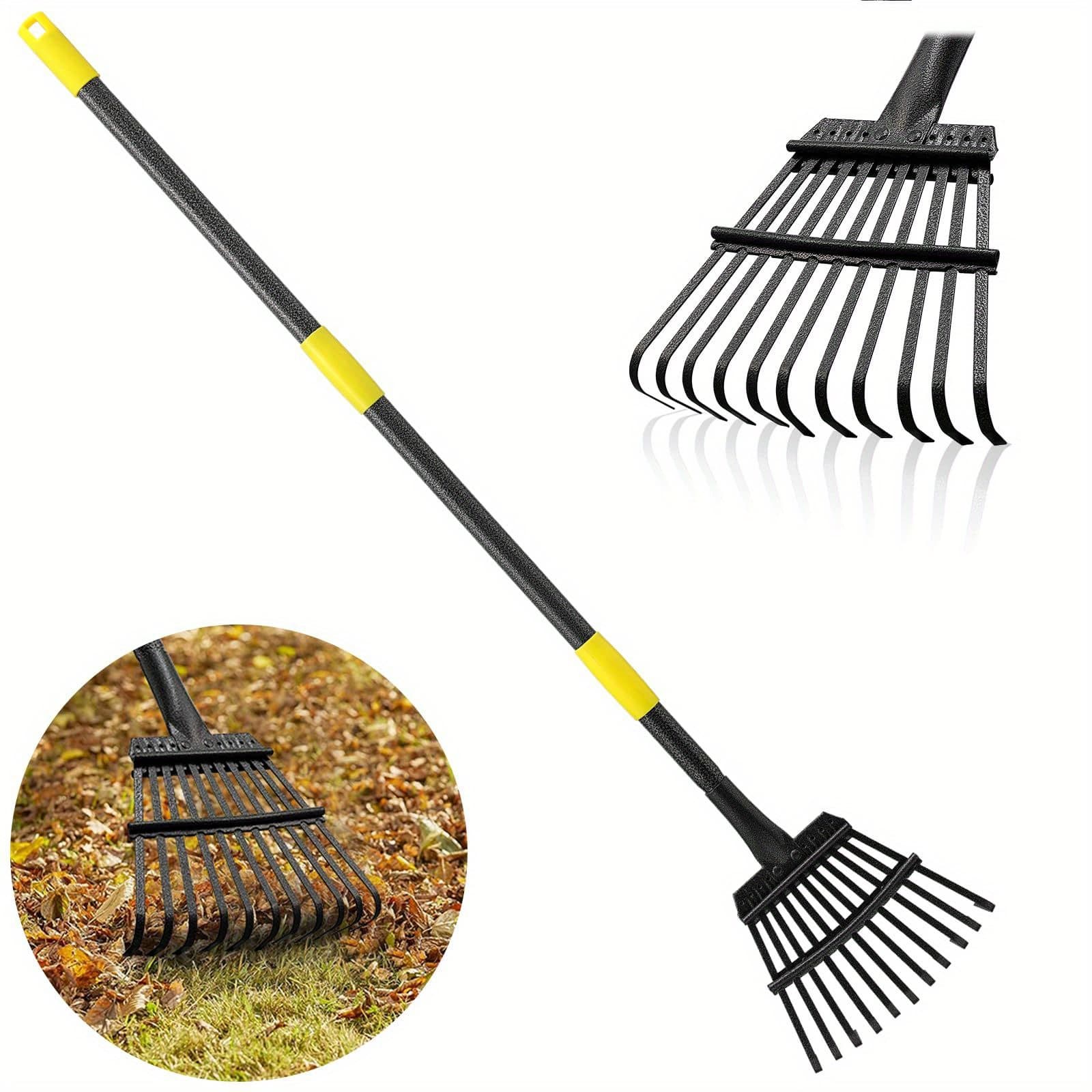 TEMU Rake, Garden Leaf Rakes For Lawns Heavy Duty, Yard Metal Rake Tools, 65/79 Inch Adjustable Long Handle, 11 Steel , Up Rake For Shrub, Flower Bed, Camping