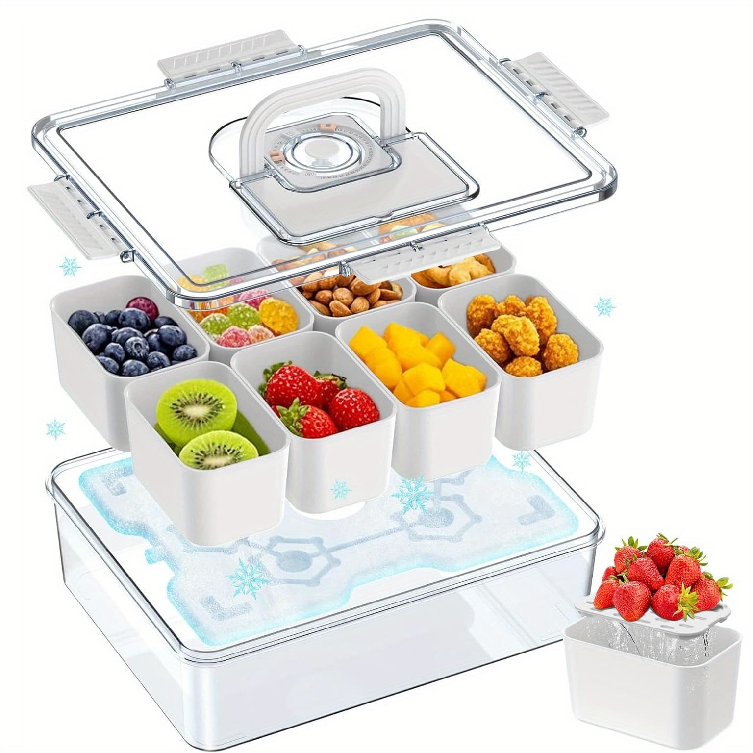 TEMU Bandesun Box Container With Ice Pack, Containers With Lid & Handle, Chilled Portable Divided Serving Tray, 8 Compartments Bento Snack Box For Fruits Veggies Snacks, Keep Food Cold