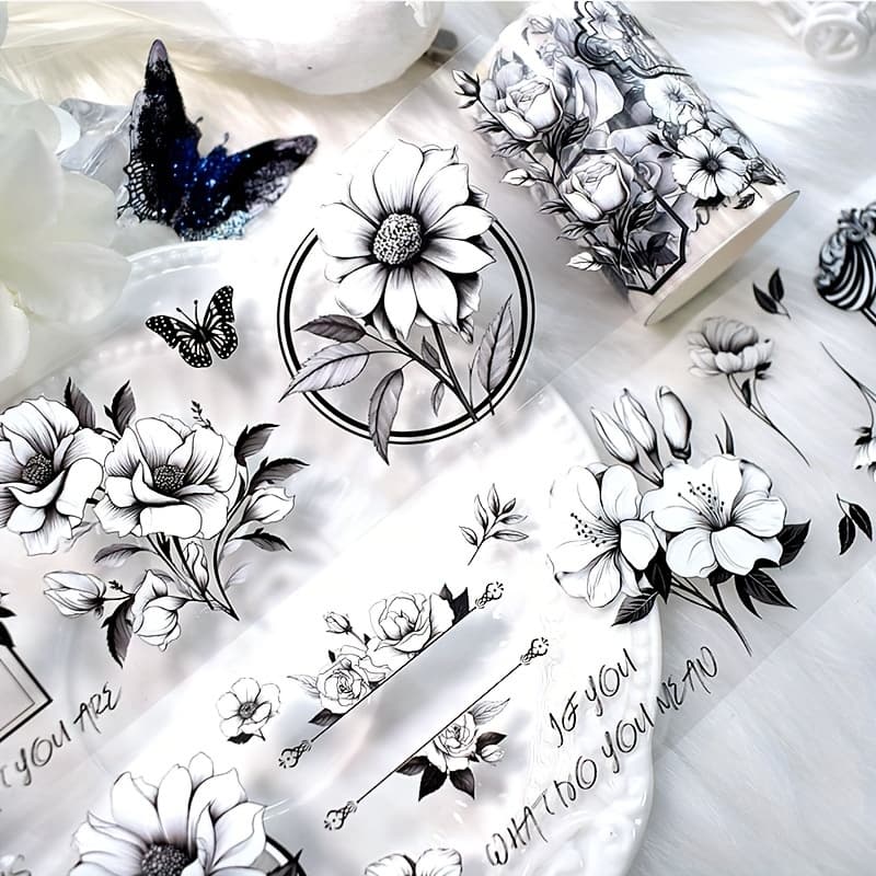 TEMU 2m/roll Black White Pet Washi Tape Black Flower Decorative Tape Ideal For Sticker Scrapbooking Journaling Aesthetic Stationery Loop:100cm