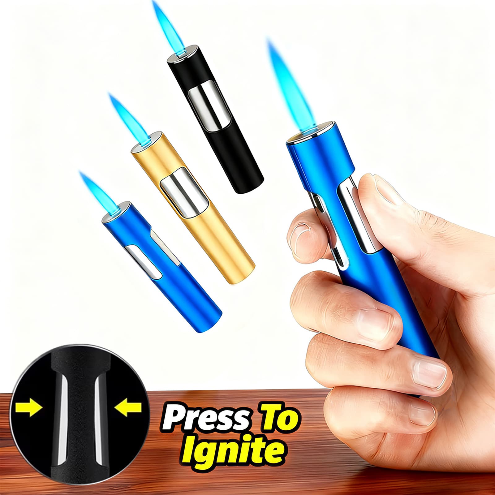 TEMU (butane Not Included) Windproof Portable Butane , With Push Button Ignition, One-finger Operation, Adjustable Blue Flame For Outdoor Camping, Candle Lighting & Gift Idea