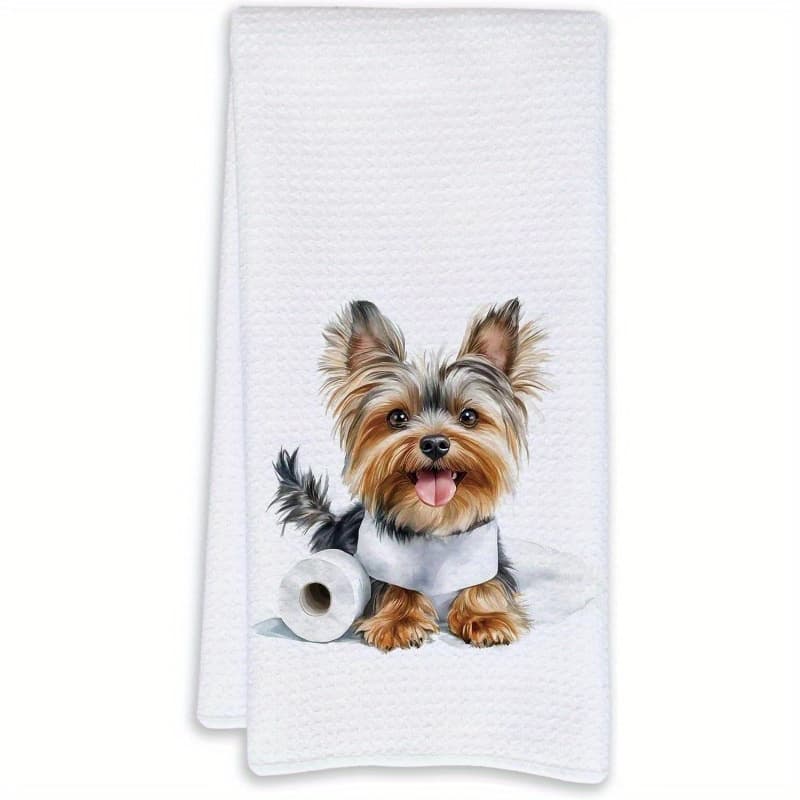 TEMU 1pc 18x26 Inch Funny Yorkshire Terrier Towel - Super Soft Polyester, Cartoon Yorkie With Toilet , Machine Washable Decorative Hand Towel For Dog Lovers, For Women, Design, Textured Fabric