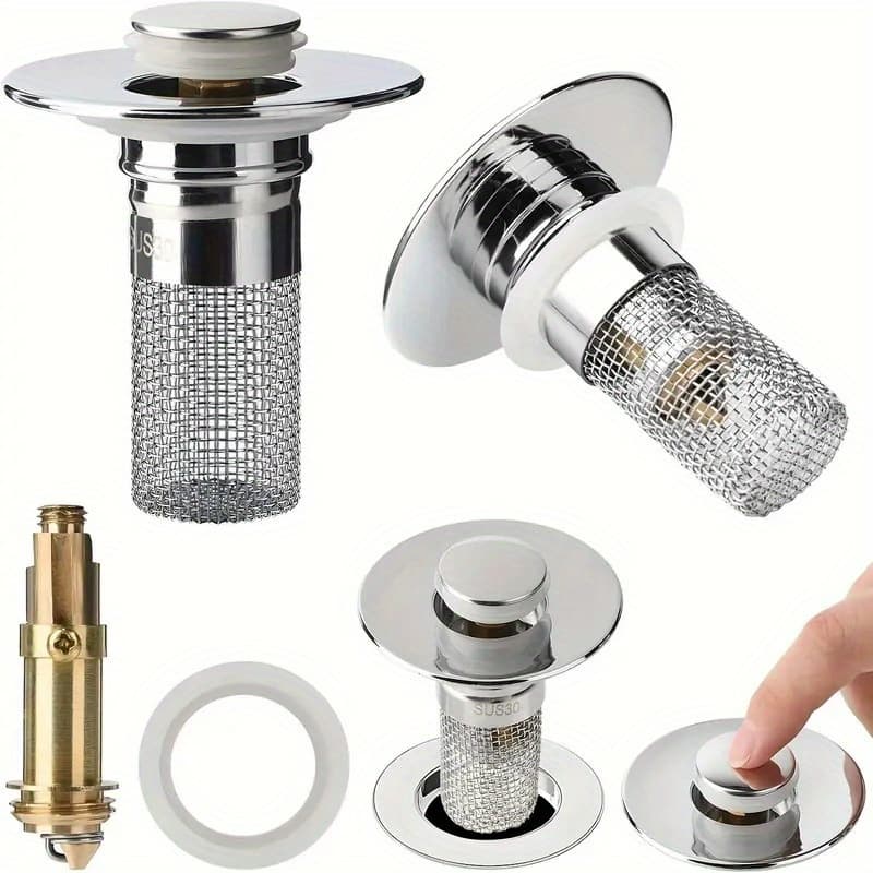 TEMU Pop-up Drain Stopper 2pcs - Adjustable Hair For 1.1"-1.29" Us Drains, Removable Stainless Steel Filter Universal For Showers & Sinks