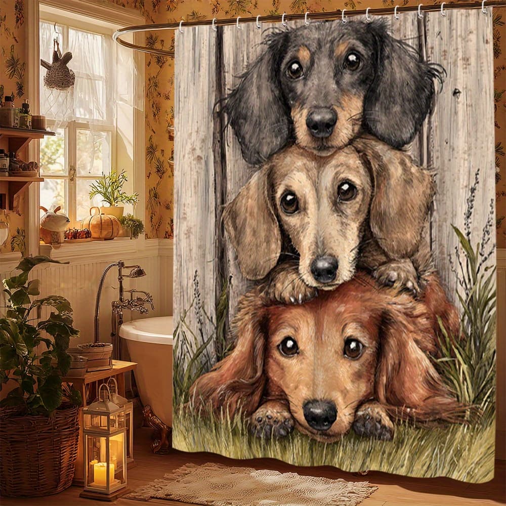 TEMU 1 Dachshund Puppy Shower Curtain - Designed In A Style, Made Of Polyester Fabric, Measuring By Inches, Washable, Comes With 12 Hooks, Ideal For Bathroom Decoration And Additions