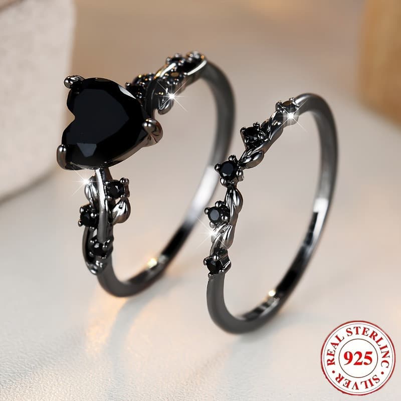 TEMU 925 Silver Double-piece And -shaped Cut Black Gemstone Ring Set, Love Ring Set, Retro Jewelry, Valentine's Day Gift, Fashionable Luxurious Elegant Ring
