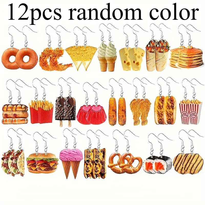 TEMU 12pcs/ 6pairs Random Color Earrings Set Cute Fun Food Theme Acrylic Earrings Set Suitable For Daily Life, Parties, Vacations And , The Gift For