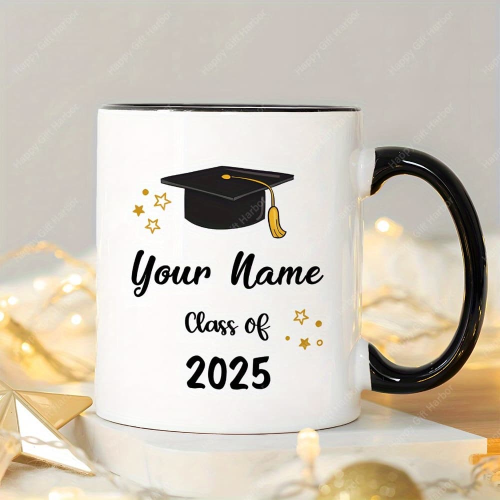 TEMU 1pc 1pcs Personalized Class Of 2025 Graduation Mug - Name & Year Academic Cup, No Ceramic Tea/coffee Cup, Grad Gift Suitable For Grad Gifts, Birthday, Party Favors