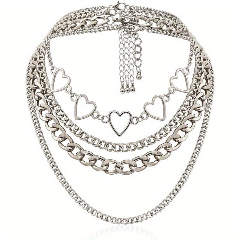 TEMU Punk Link Chain Choker Necklace Set 4pcs Hollow Heart Choker Chunky Chain For Women Stainless Steel Necklace