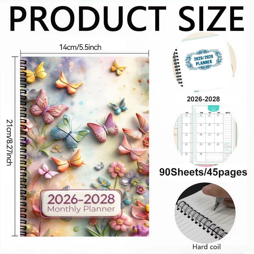 TEMU 1pc 45 Page A5(8.6in *5.7in) Notebook | Fun Spiral-bound Monthly Planner For 2026-2028 With Colorful Butterflies & Flowers, Soft Pastel Cover - Rustic Wooden Table Background, White Ceramic Co