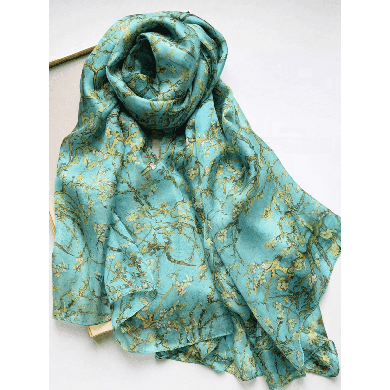 TEMU A Scarf Featuring A Apricot Oil Painting, Lightweight And Breathable, Making It An Elegant , High Quality, And An Ideal Gift