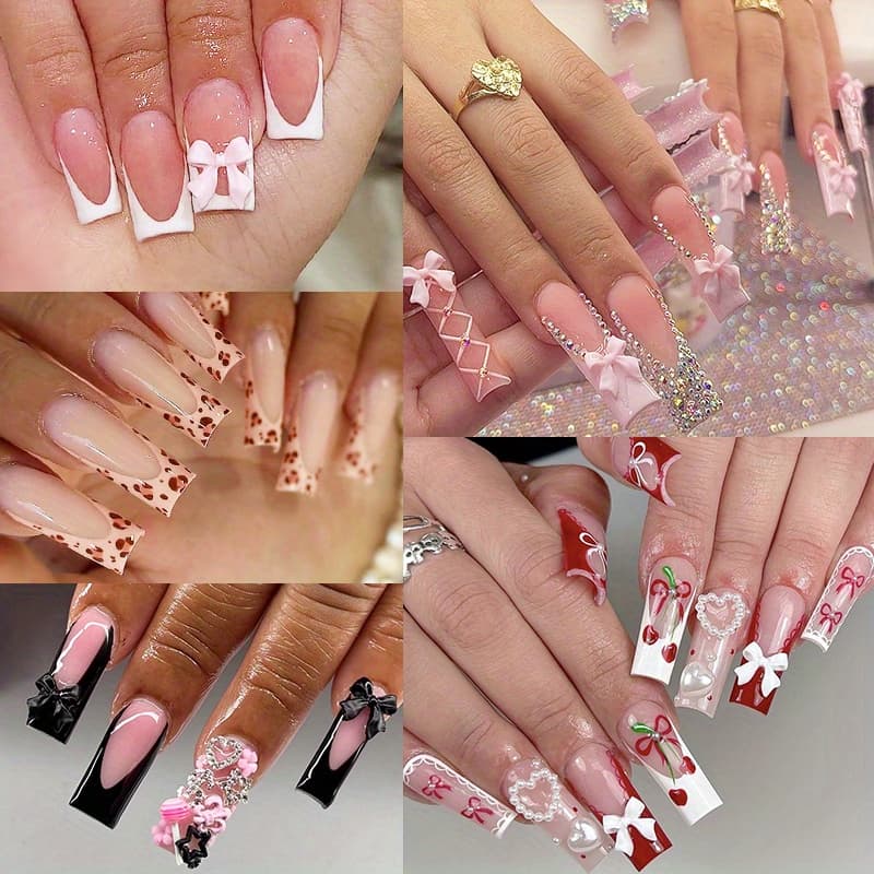 TEMU 120pcs(5pcs) Chic French Tip Press-on Nails With Heart & Cherry Design - Extra Long Square False Nails, Glossy Finish, Floral Patterns, Sparkling Rhinestones, Style For Women And