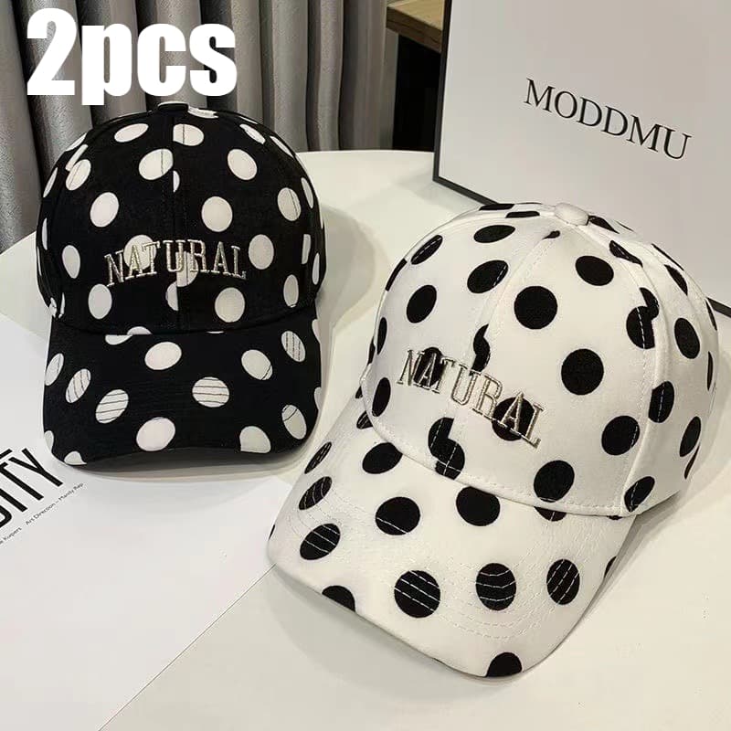 TEMU Unisex 2pcs Retro Polka Dot Baseball , Black And White, Adjustable, Breathable, Sun-protective, Casual Couple Hat