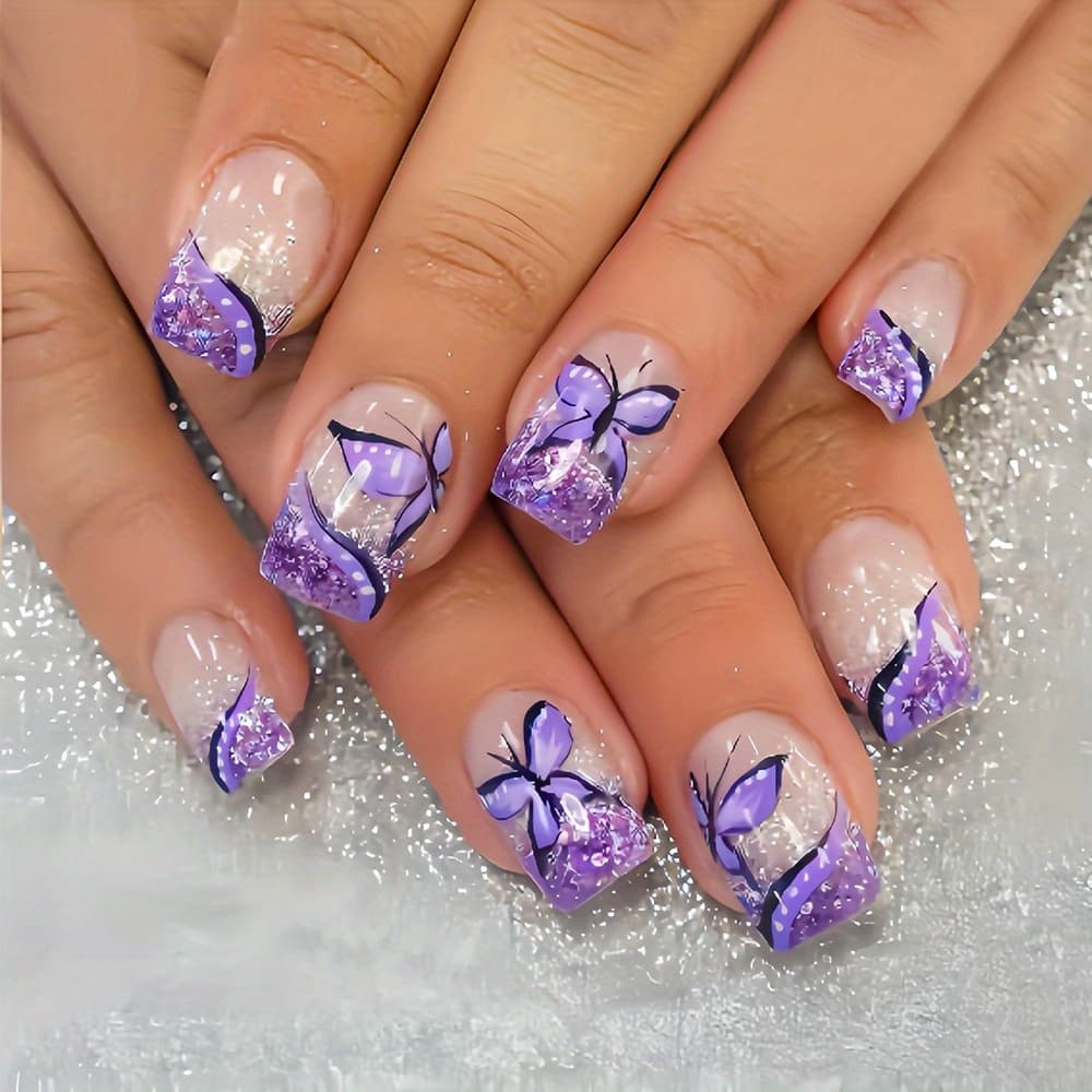 TEMU 48pcs Of Stylish Purple Lace Nail Art Featuring Vibrant Patterns, Events, Celebrations, Formal , Parties, And As Gifts