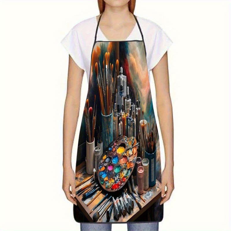 TEMU 1pc Design Apron - Sleeveless Kitchen Apron With Oil Painting Palette And Brush Pattern, Polyester Material, Suitable For Cooking, Baking, Bbq, Party - Unisex, For Families And , Creative Apron