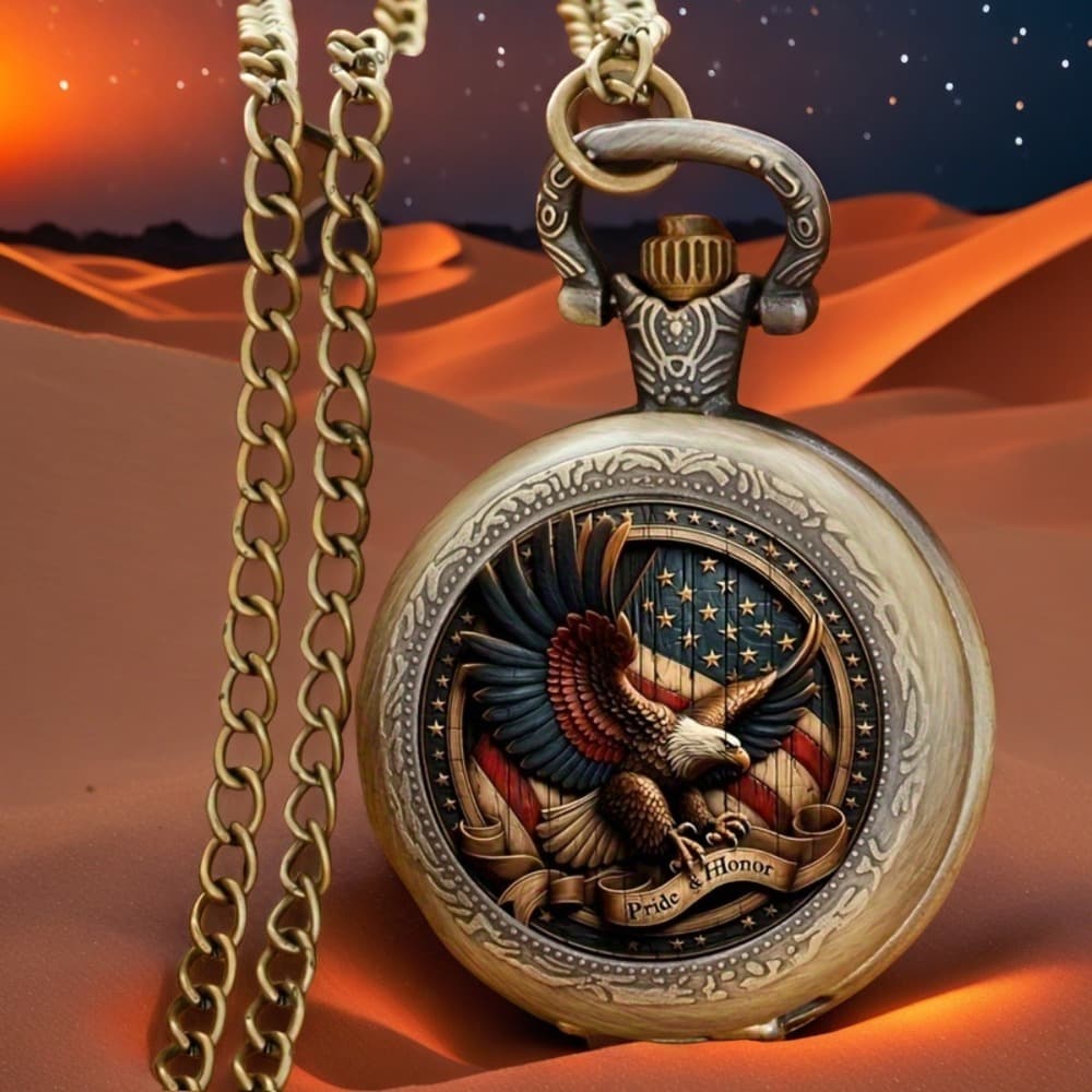 TEMU American Flag & Eagle Pocket Watch - , Glass Round Quartz Pocket Watch With Chain, Creative Dressing Watch, Unique New Year Christmas Birthday Gift
