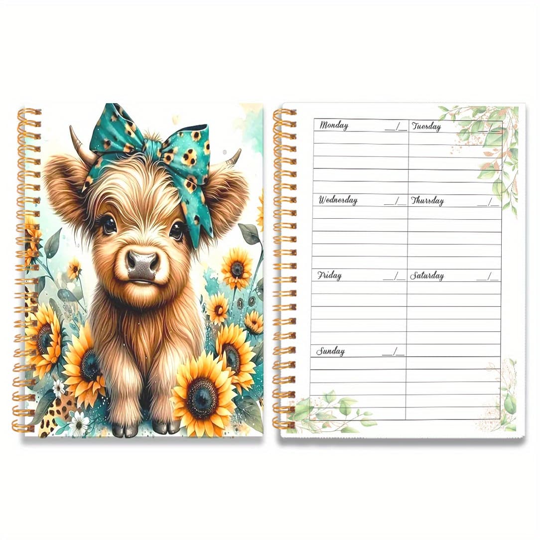 TEMU 1pc A5 Cute Calf With A Bow Tie And Sunflowers Spiral Undated Planner, Daily Weekly Agenda Notebook, Weekly Planner, Office School Stationery, & Planning, 8.3x5.5in.