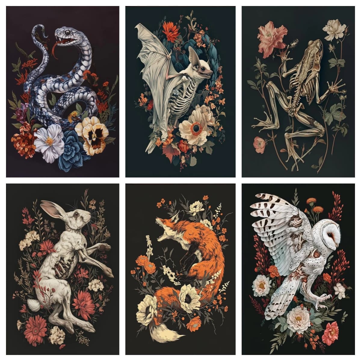 TEMU 6pcs Gothic Bat Owl Rabbit Fox Skeleton Animal Posters - Frameless Wall Art Suitable For Dark Academia Room Decor, Vertical Canvas Paintings, Spring/summer Decorations
