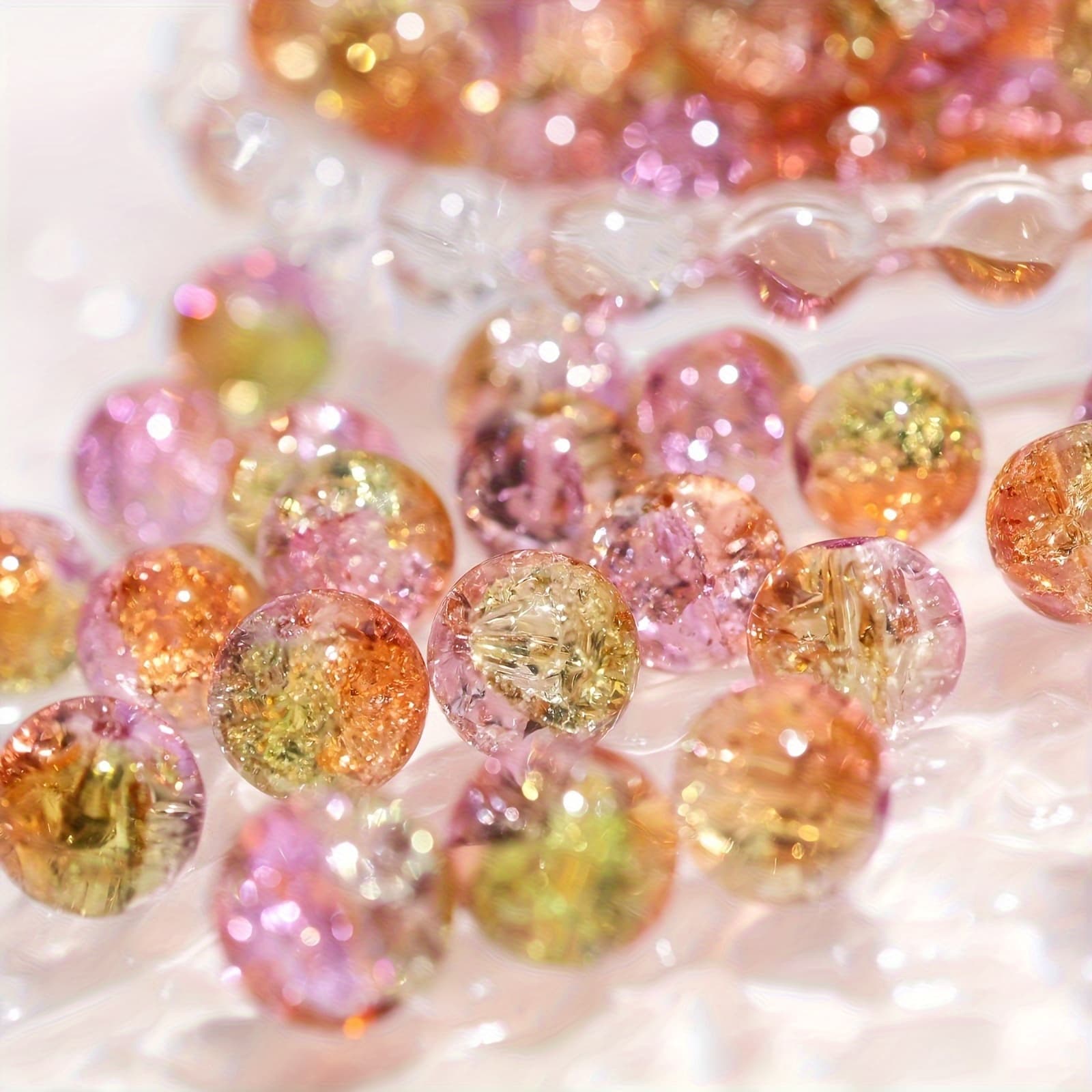 TEMU 100pcs Beads & Bead Assortments, 8mm Gradient Snowflake Cracked Glass Beads - Yellow & Pink, Loose , For Making, Beading, And Crafting