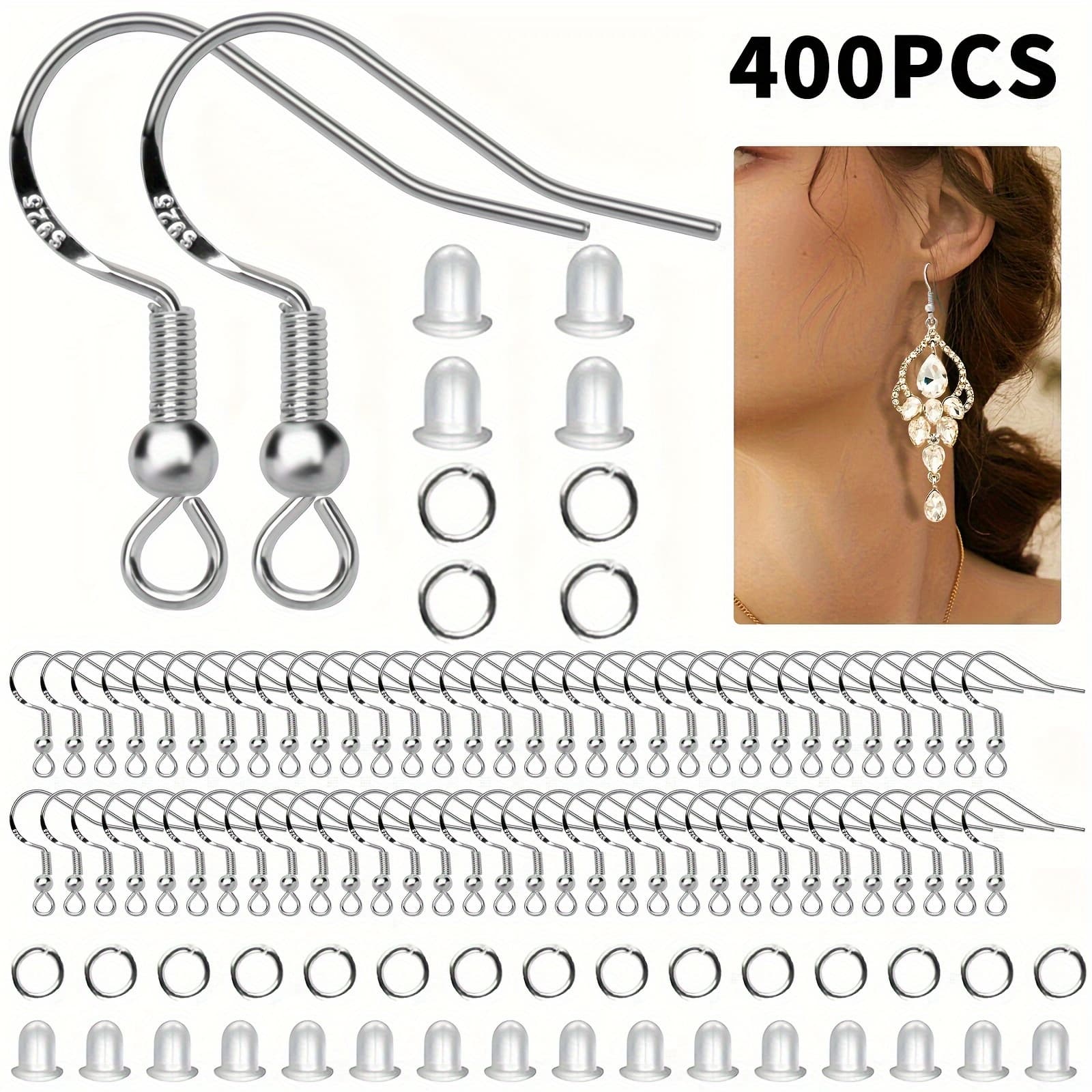 TEMU 400pcs Earring-making Tool Set-100 Earring Wires+ 100 Jump Rings+ 200 Back Stoppers; Hypoallergenic Diy Handmade Material Kit