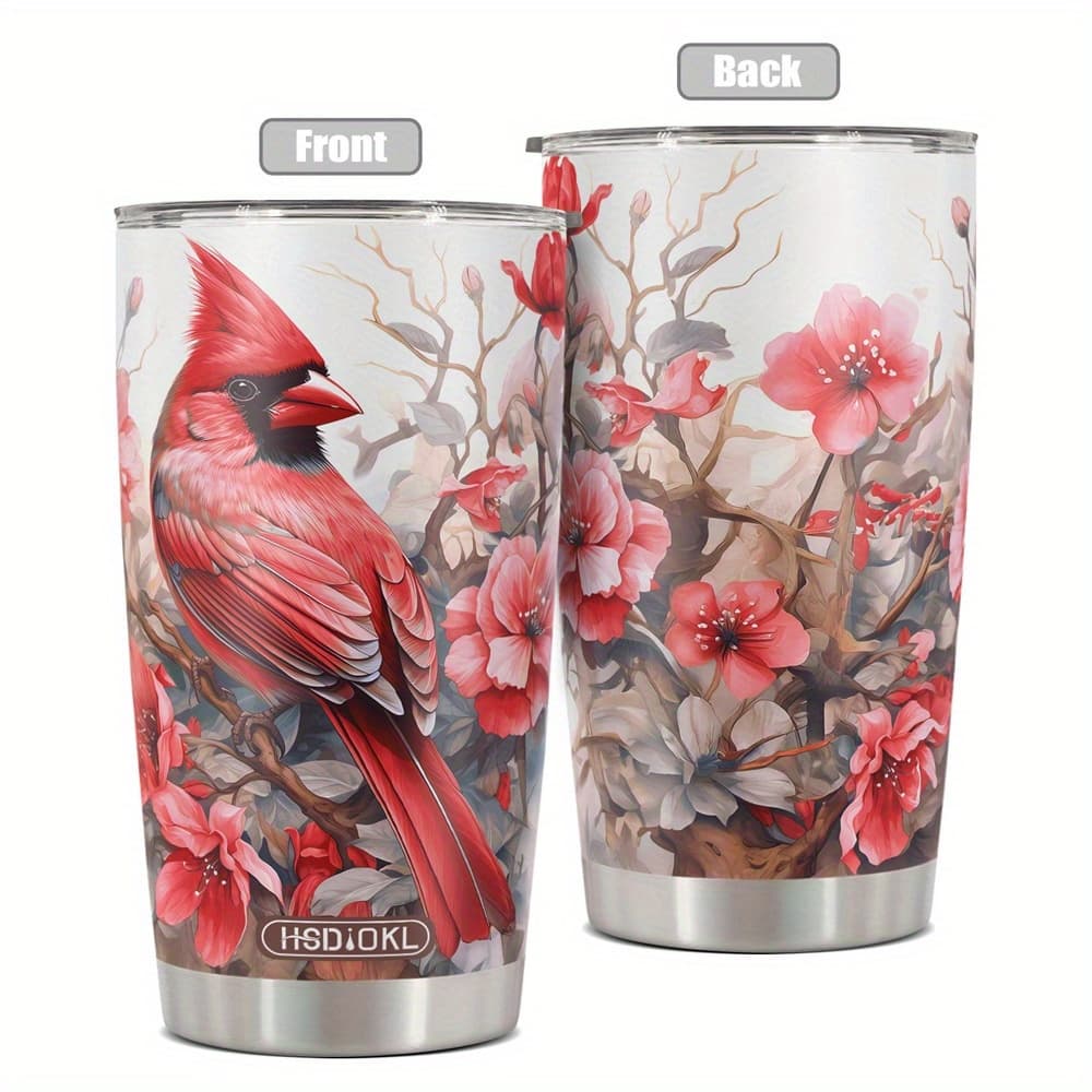 TEMU 20oz Stainless Steel Tumbler Insulated And Durable Featuring A Beautiful Red Surrounded By Flowers - A Thoughtful Gift For Bird Lovers And Garden Enthusiasts