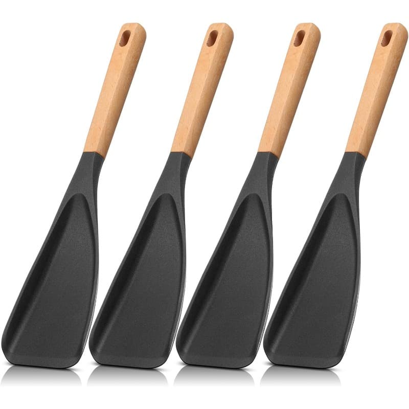 TEMU 2/4/8pcs Cooking Spoons For Nonstick Cookware 12 Inch Silicone Spoon Spatula With Wood Handle For Cooking, Serving, Mixing, Scoop, And Scrape, Black