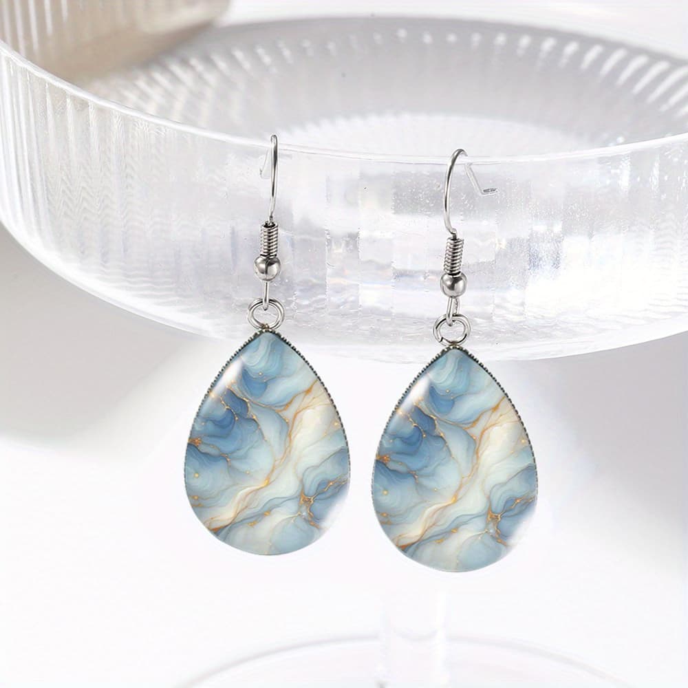 TEMU 1 Pair Of Blue And White Artistic Teardrop Handmade Glass Earrings