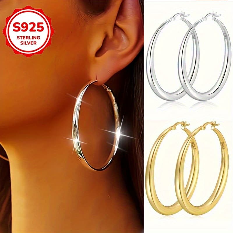 TEMU Of Silvery Ladies 925 Silvery Earrings Big Earrings Light Weight Thick Silvery Ring Earrings For 50mm