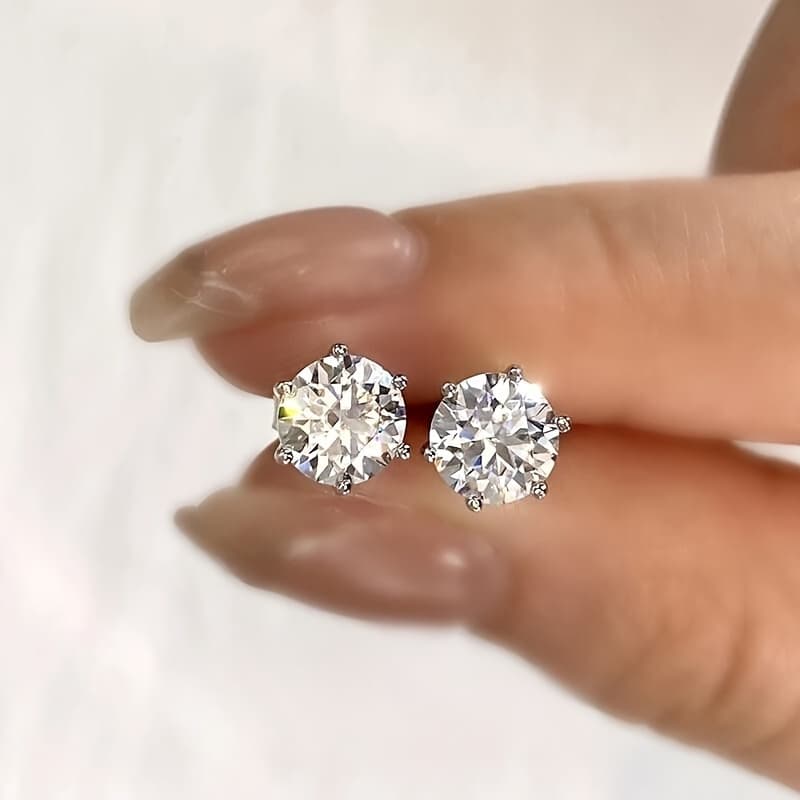 TEMU 2pcs 1/ 2/ 3ct Classic Round Cut Moissanite Stud Earrings - Exquisite 9 6-prong Jewelry With For Gifts