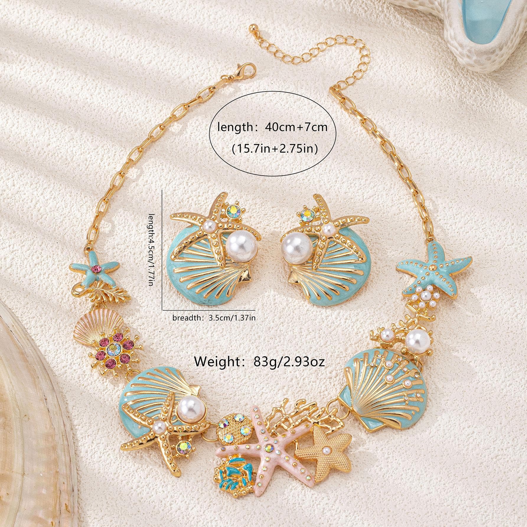 TEMU 1pc Necklace+ 1 Pair Earrings Set, Premium Colorful Enamel Starfish Shell Coral Earrings& Necklace Set For Women's Banquet Wear, Fashion Jewelry, Perfect Matching Accessory, Holiday Gift.