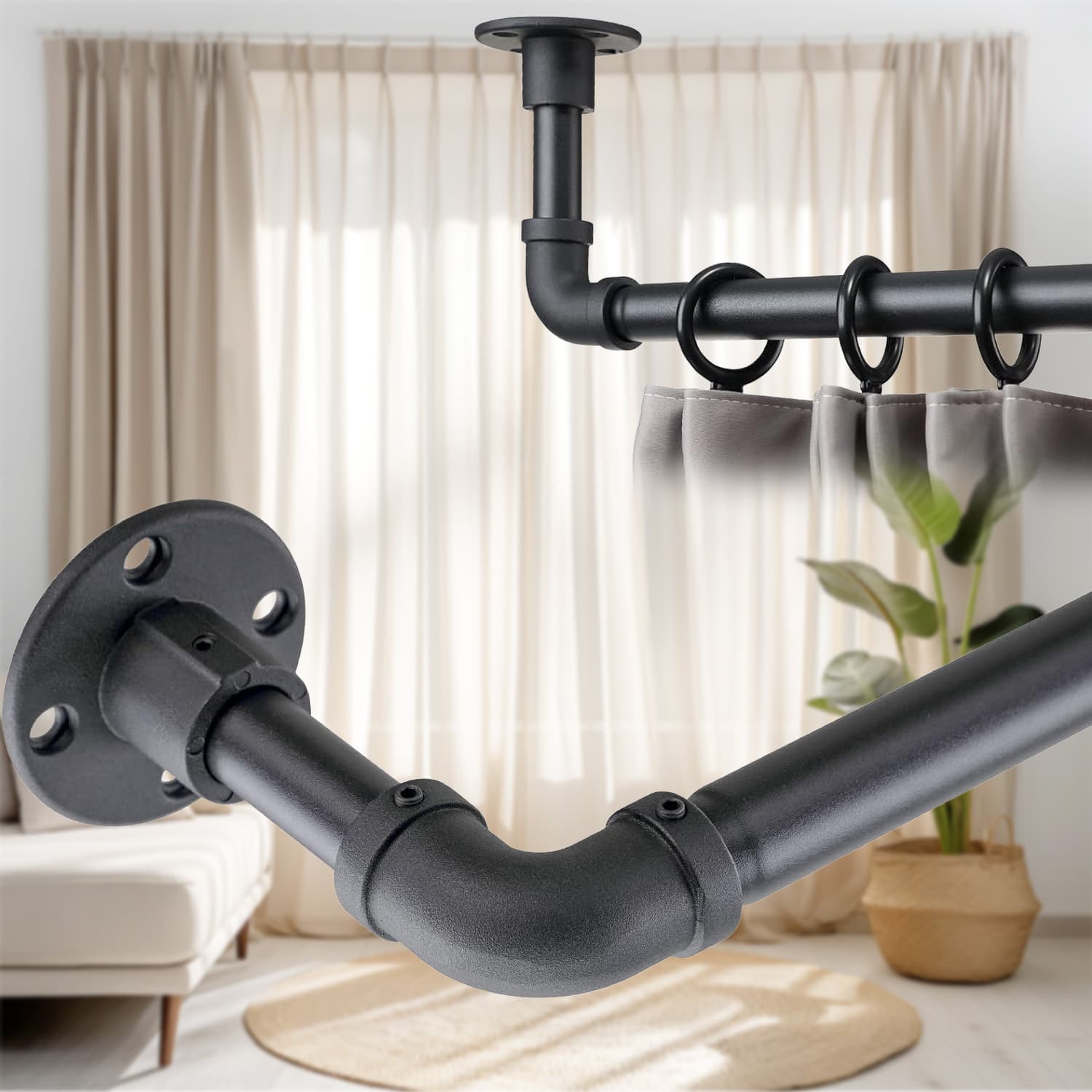 TEMU Yeyebest Industrial Curtain Rod, 32-84 Inch Black Curtain Rod, 1 Inch Surround Extra Long Curtain Rod, Heavy Duty Window Curtain Rod, Farmhouse Style Room Partition Curtain Rod