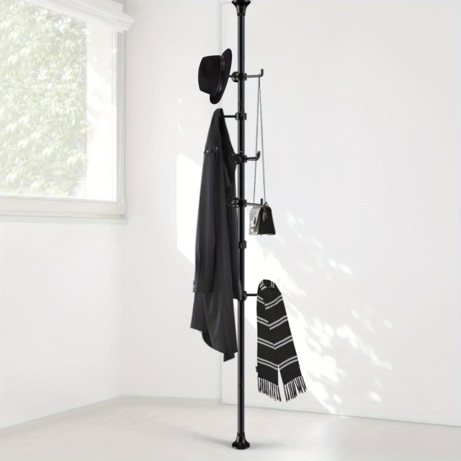 TEMU Yeyebest Coat Rack Freestanding, 56-125 Inch Adjustable Tension Rod Coat Hanger With 12 Hooks For Hanging Coat, Jacket, Hat, Scarf, Suitable For Living Room, Bedroom, Home Office