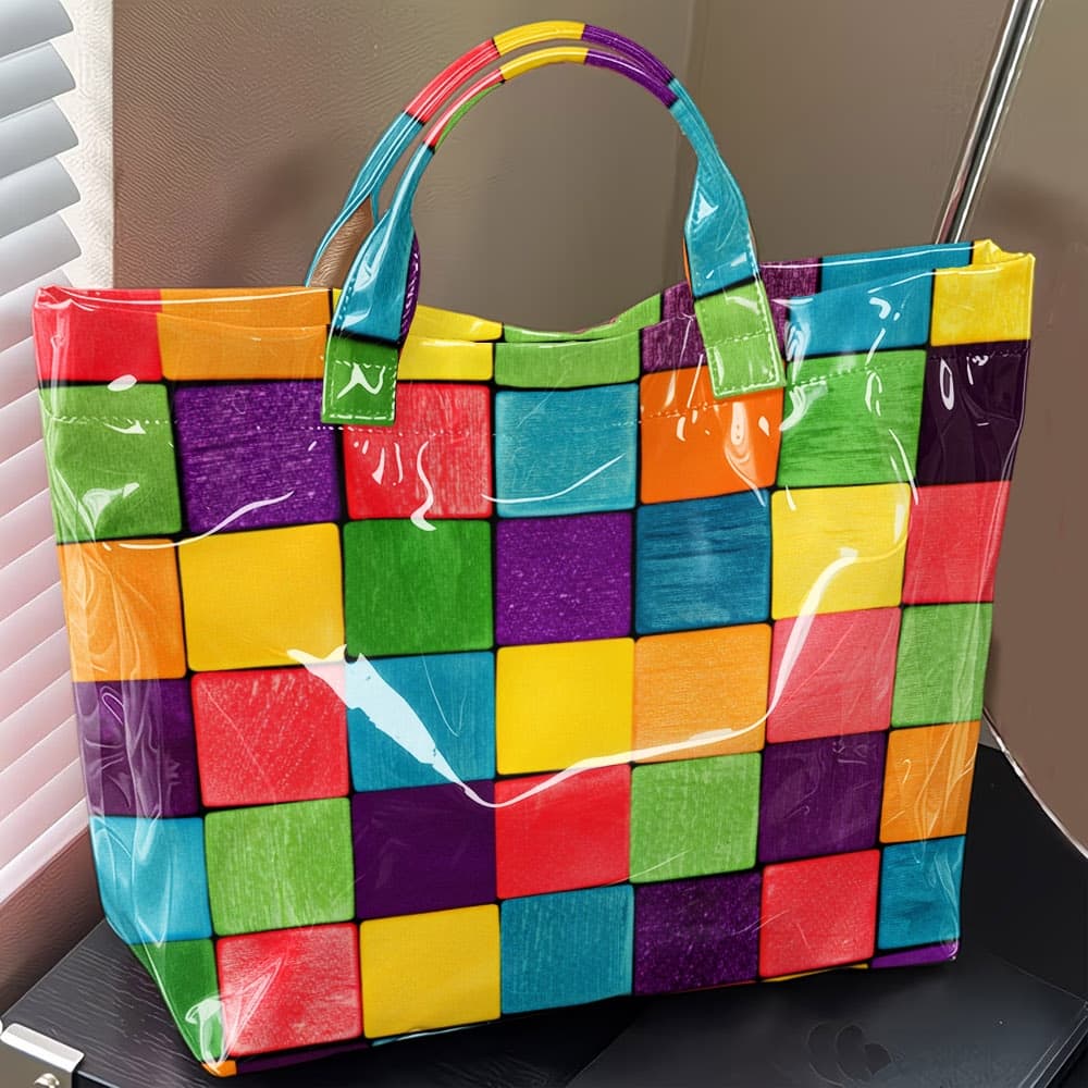 TEMU 1pc Colored Checkered Tote Bag, Large Capacity Travel Bag, Made Of Pvc Material, Suitable For Clothing, Cosmetics, Additions, , Casual Portable Shopping Bags, And Office Commuting Bags