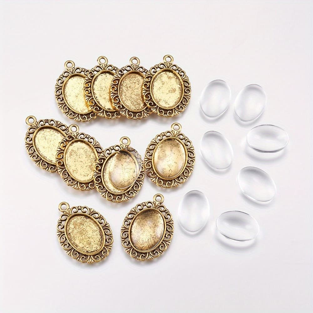 TEMU 10set Diy Pendant Making, With Alloy Pendant Cabochon Settings And Clear Glass Cabochons, Oval, Pendant: 29.5x21x2mm, Hole: 2mm, Cabochon: 13x18x4mm, 2pcs/set