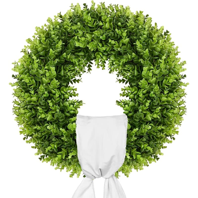 TEMU 20-inch Artificial Boxwood Wreath Suitable For Front Door - Realistic Uv- / Wreath With Plaid & Sash, Luxury Wreath For Walls, Doors, Weddings, Parties