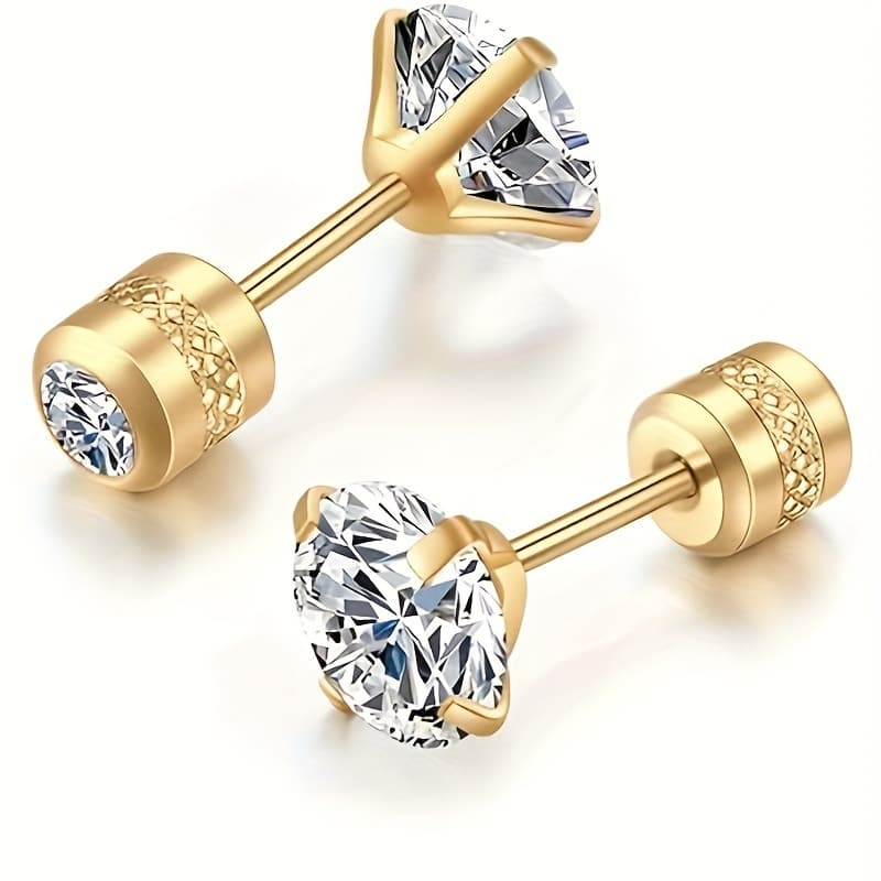 TEMU 2pcs Stainless Steel Stud Earrings | 4mm White, , Screw Closure, 14k Gold Plated, Suitable For Daily And Party Wear, Ideal For 's Day, Gift