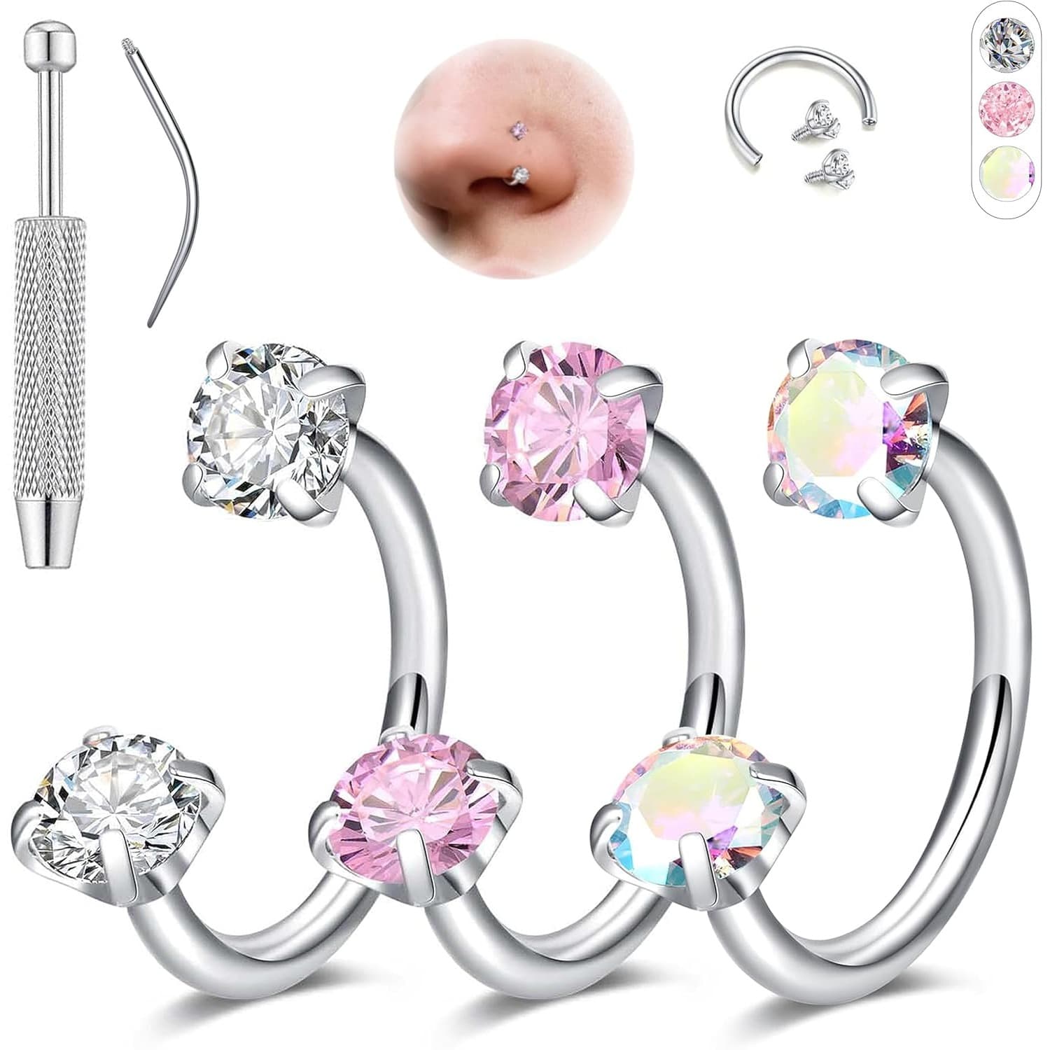 TEMU Women's Horseshoe Shaped Earrings, 7mm Horseshoe Shaped Perforated Jewelry Set, Horseshoe Shaped Nose Ring, Stainless Steel Cartilage Spiral Earmuffs, Lip With Tools