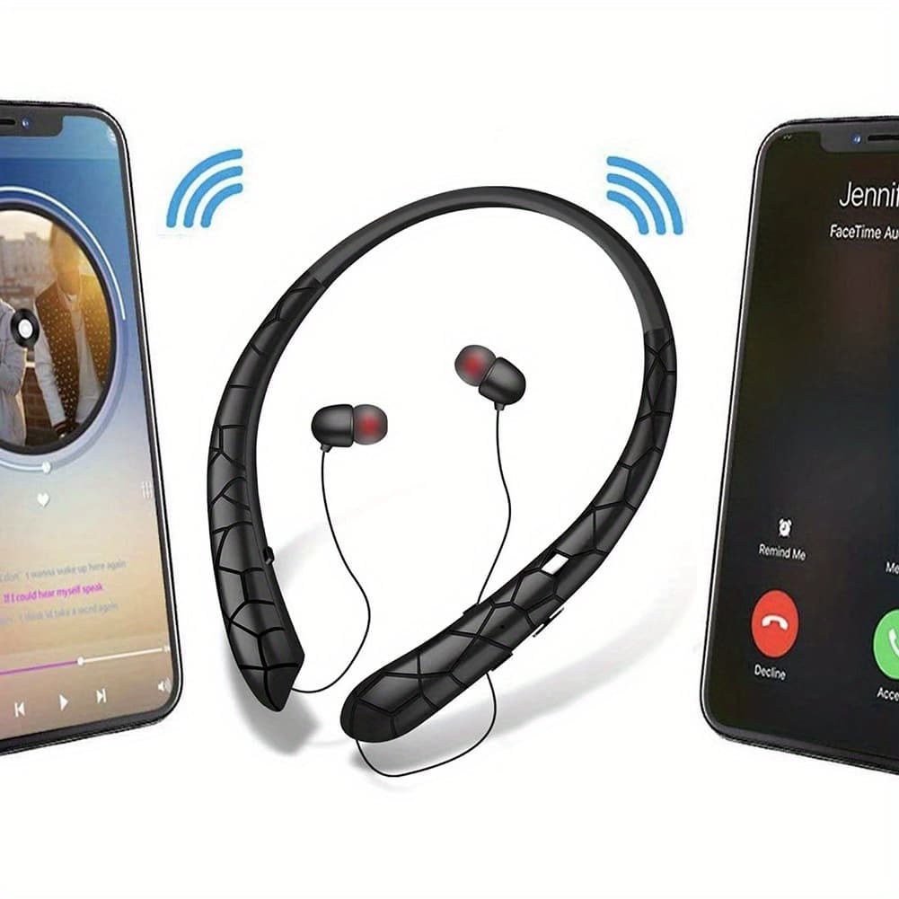 TEMU Neckband Headset | Noise - Canceling, Retractable Earbuds With Mic | Ideal For Office & Sports